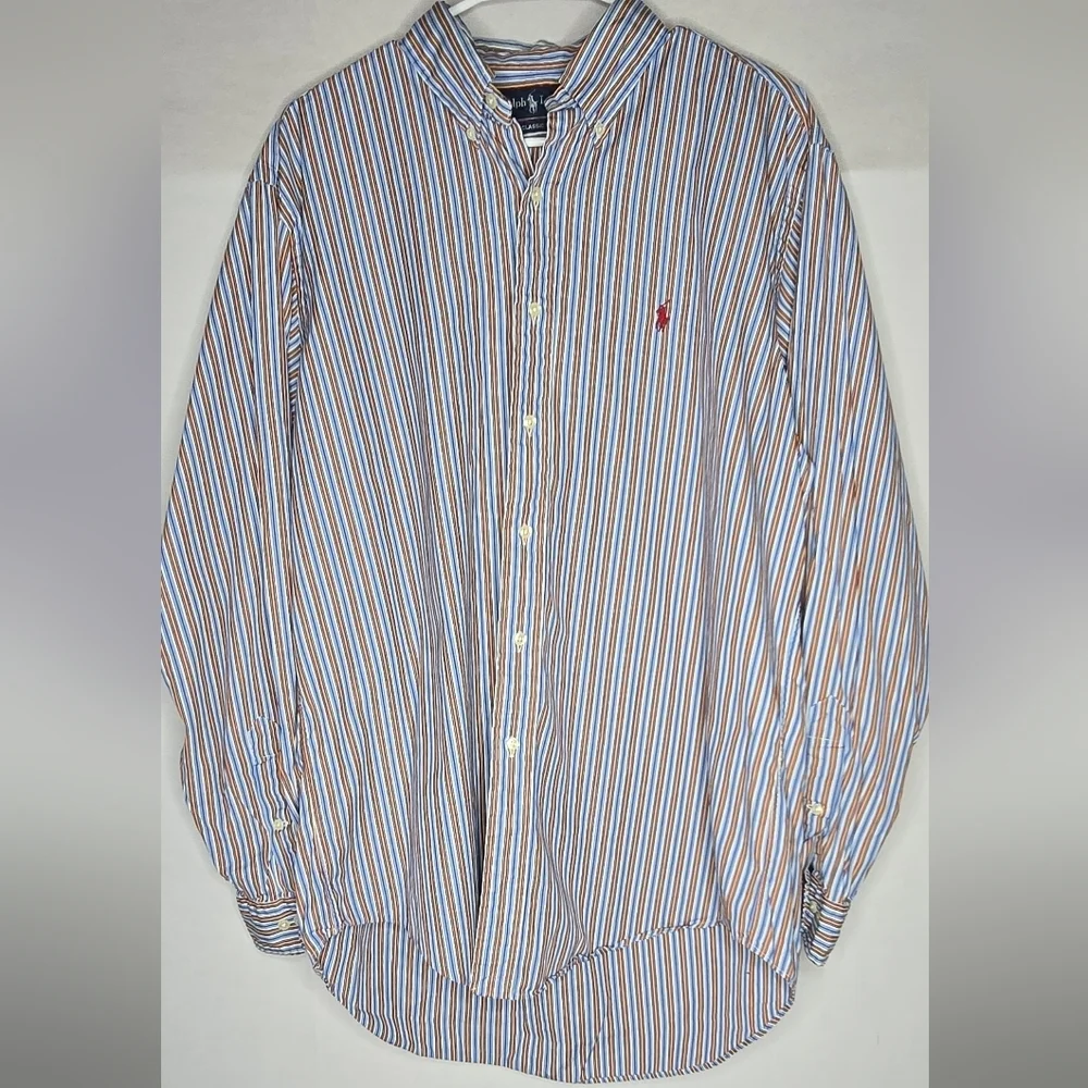 Ralph Lauren Button Down Shirt Powder Blue Stripe Long Sleeve Classic Fit Large